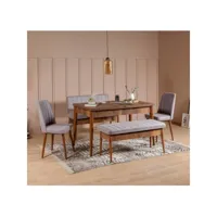 set table extensible, 2 chaises, banc et banquette malva bois foncé et tissu gris