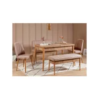 set table extensible, 2 chaises, banc et banquette malva bois clair et tissu beige