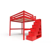 lit mezzanine bois avec escalier cube sylvia 160x200  rouge cube160-red