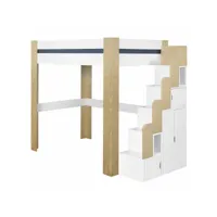 pack lit mezzanine avec escalier, bureau et matelas 1 place alex   blanc et bois 90x190 cm