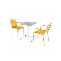 ensemble table de terrasse stratifié marbre et 2 fauteuils jaune