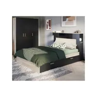 cadre + tête de lit avec rangements 140x190-200 noir-chêne clair - zily - l 145 x l 230 x h 112.5 cm