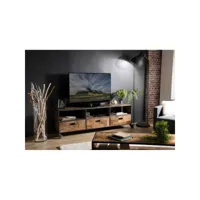 alida - meuble tv à roulettes marron 3 tiroirs 3 niches teck recyclé et métal noir