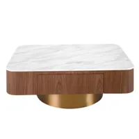 table basse bois noyer et plateau porcelaine avec tiroir et pied acier bronze