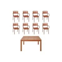 table de jardin carrée. en bois d'eucalyptus . avec trou de parasol 140 x 140cm + 8 fauteuils en acier terracotta