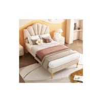 lit rembourré  90*200 cm en velours avec tête de lit en forme de coquillage et pieds en fer doré, tête de lit réglable en hauteur, beige moselota