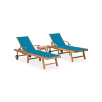 lot de 2 transats chaise longue bain de soleil lit de jardin terrasse meuble d'extérieur avec table et coussin bois de teck solide helloshop26 02_0012085