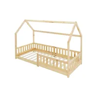 lit d'enfants nature en bois de pin avec protection antichute et toit 200x90cm 3000013166