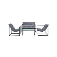 salon de jardin table basse avec canapé et chaises extérieures en acier avec coussins oléfines et plateau de table en verre noir gris helloshop26 03_0006029