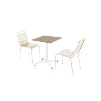 ensemble table de terrasse stratifié chêne et 2 chaises ivoire