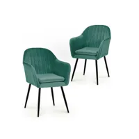 lot de 2 chaises avec accoudoirs en velours vert pieds noirs edwige