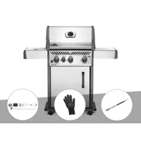 barbecue à gaz napoleon rogue xt 425 gris + rôtissoire + gant résistant à la chaleur + pince auto-verrouillable