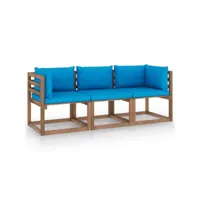 canapé fixe 3 places palette de jardin  sofa banquette de jardin et coussins bleu clair pinède meuble pro frco72055
