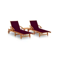 lot de 2 transats chaise longue bain de soleil lit de jardin terrasse meuble d'extérieur avec table et coussins acacia solide helloshop26 02_0012098