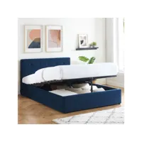lit coffre 160x200 en velours bleu foncé avec tête de lit et sommier à lattes - tina
