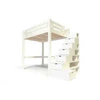 lit mezzanine adulte bois + escalier cube hauteur réglable alpage 160x200  ivoire alpag160cub-iv