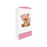 armoire enfant ourson avec fleurs 2 portes 1 tiroir de rangement - rose