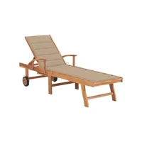 transat chaise longue bain de soleil lit de jardin terrasse meuble d'extérieur avec coussin beige bois de teck solide helloshop26 02_0012303