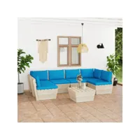 convivialité et détente avec ce salon de jardin palette 7 pcs avec coussins épicéa imprégné - bleu