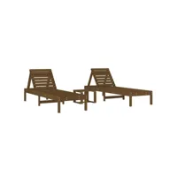 chaises longues 2 pièces avec table brun miel bois massif de pin