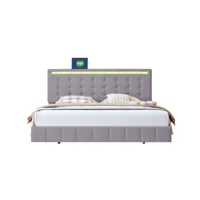 lit capitonné 160 x 200 cm, avec éclairage led et tête de lit design, double, gris