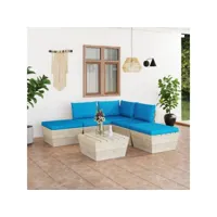 convivialité et détente avec ce salon de jardin palette 6 pcs avec coussins épicéa imprégné - bleu