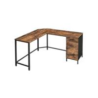 bureau d'angle table en forme de l avec placard de rangement et tiroir peu encombrant montage facile cadre en acier style industriel marron rustique et noir helloshop26 12_0001331