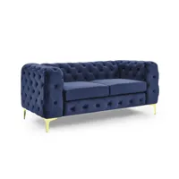 canapé 2 places chesterfield en velours bleu foncé et pieds en métal doré - kingston