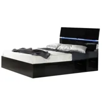 lit coffre bois noir laqué et tête de lit noire laquée avec led mona-couchage 160x200 cm