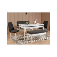 set table extensible, 2 chaises, banc et banquette malva bois clair et tissu anthracite
