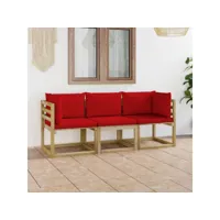 canapé de jardin 3 places avec coussins rouge