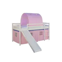 lit mezzanine pour enfant avec sommier toboggan tunnel rideau modèle rose 90x200 cm lit06187