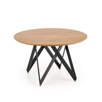 table de salle à manger ronde avec plateau aspect chêne doré et piètement design en acier noir spin 379