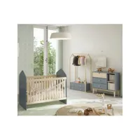 kaina - pack lit bébé cabane 60x120cm + commode + penderie coloris gris et naturel