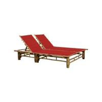 transat chaise longue bain de soleil lit de jardin terrasse meuble d'extérieur 200 cm pour 2 personnes avec coussins bambou helloshop26 02_0012903