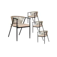 sunrise - lot de 4 chaises design acier noir cordes et coussin gris