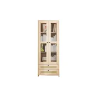 vitrine en bois avec 2 grands tiroirs en rotin et 2 portes transparentes et protection anti-basculement-naturel