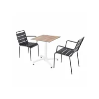 ensemble table de terrasse stratifié chêne foncé et 2 fauteuils gris
