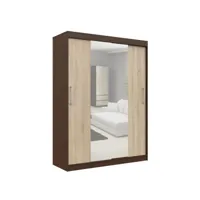 helia - armoire à portes coulissantes + grand miroir chambre couloir salon - 200x150x60cm - armoire penderie moderne - wengé/sonoma