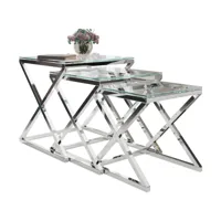 ensemble de 3 tables gigognes design en acier inoxydable argenté avec plateau en verre trempé transparent collection pesaro l. 35-40-45 x p. 35-40-45 x h. 36-41-46 cm viv-95878 pesaro