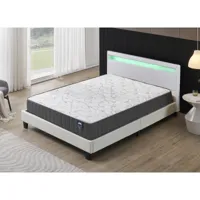 lit avec tête de lit + matelas 160x200cm mémoire de forme épaisseur 16cm + lit, tête de lit led et sommier à lattes