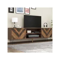 meuble tv 160 cm style avec 2 compartiments et 2 portes en placage de bois massif, banc tv de poignées dorées, bois rétro