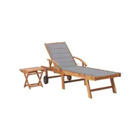 chaise longue avec table et coussin bois de teck solide 10