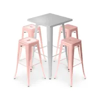 pack tabouret table & 4 tabourets de bar design industriel - métal - nouvelle edition - bistrot stylix orange pâle