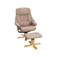 fauteuil relax style contemporain - dossier inclinable, repose-pied - piètement bois peuplier verni tissu technique taupe clair