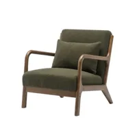 zack - fauteuil lounge avec coussin bouclette army et bois teinté noyer