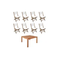 table de jardin carrée. en bois d'eucalyptus . avec trou de parasol + 8 chaises pliables blanc