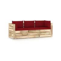 canapé fixe 3 places de jardin  sofa banquette de jardin avec coussins bois imprégné de vert meuble pro frco57678