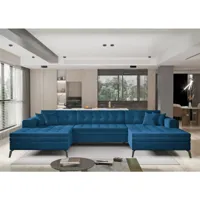 canapé panoramique convertible tissu doux brillant capitonné bleu romy 350cm