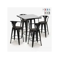 table haute noire 60x60cm et 4 tabourets style tolix bois métal bucket wood black